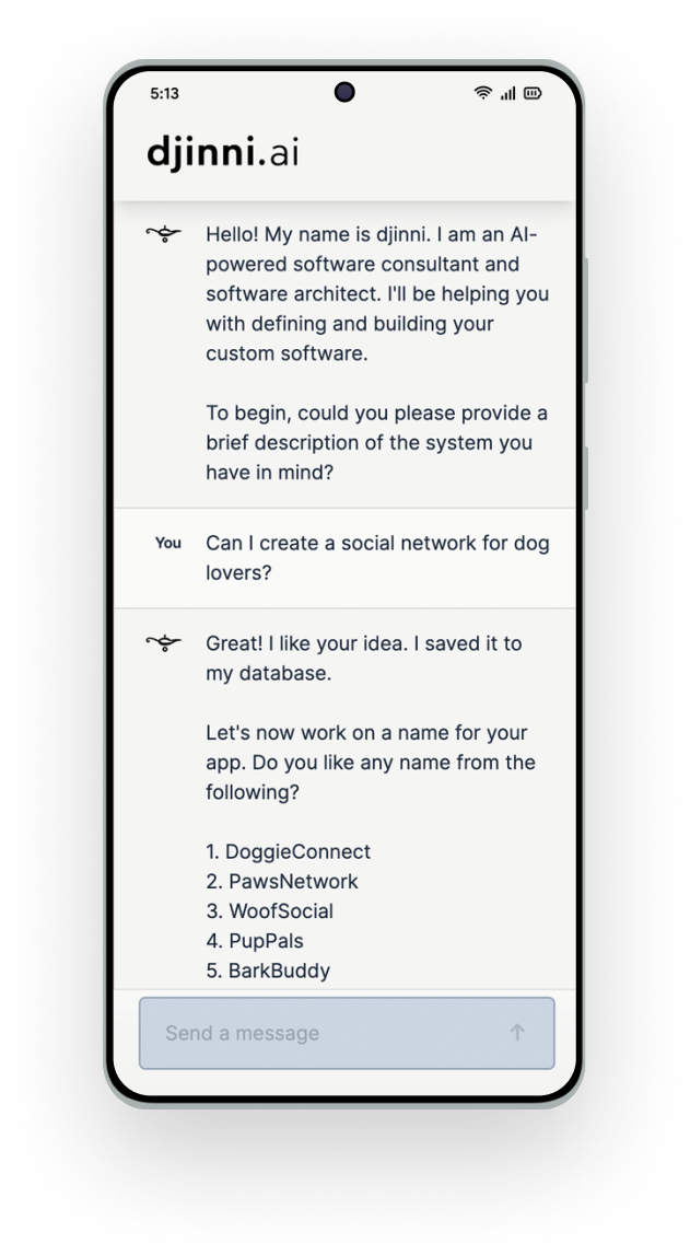 A mobile phone mockup showcasing djinni.ai software. A conversation between an AI software consultant and the user, who requests to build a social network for dog lovers.